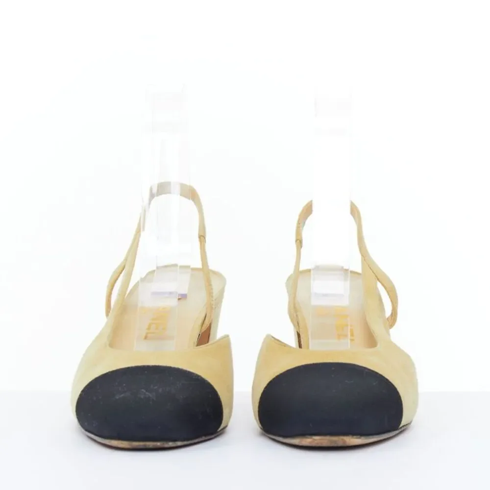 Chanel Beige Suede Grosgrain Cap Toe Slingback Pumps